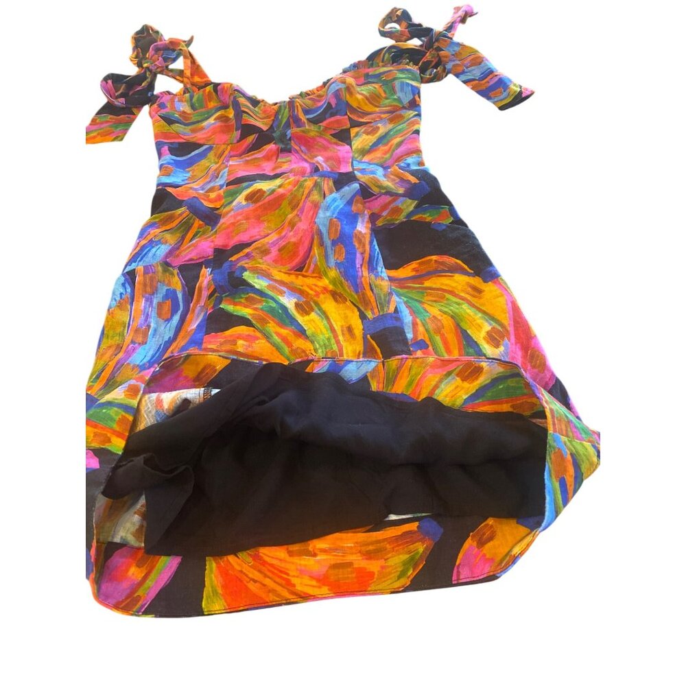 Farm Rio Rainbow Bananas Shoulder-Tie Mini Dress XS Linen - Picture 8 of 14